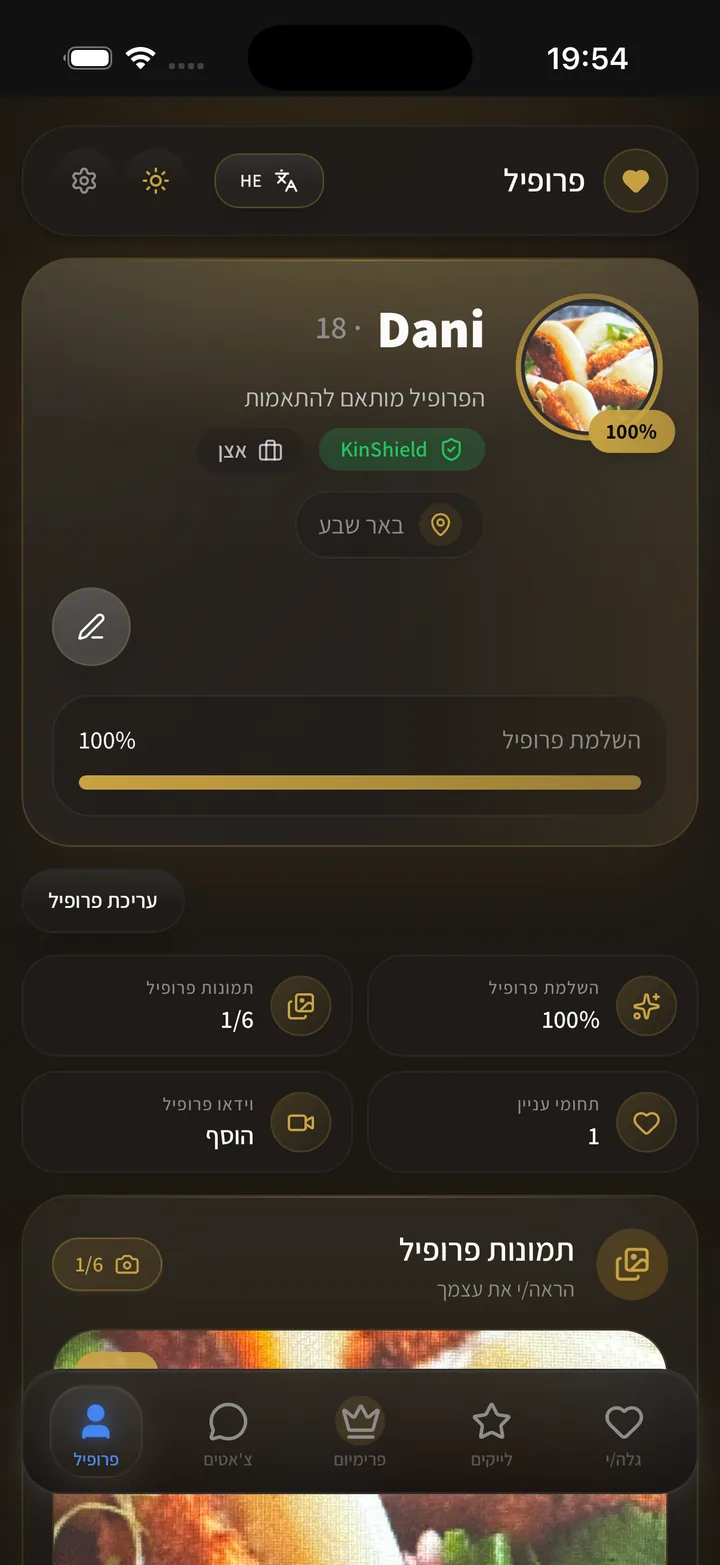 צילום מסך של פרופיל TABAH עם KinShield 7G והשלמת פרופיל